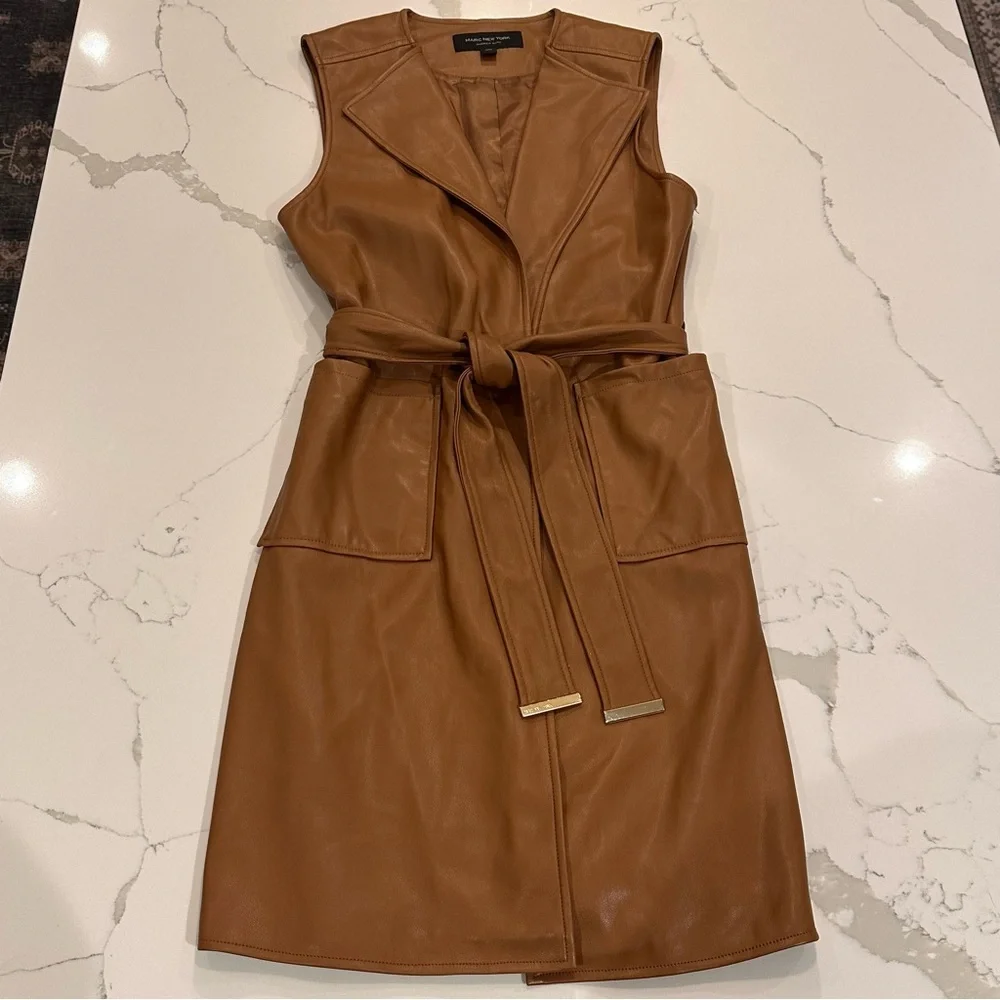 Marc New York Vegan Faux Leather Sleeveless Duster Cardigan Womens Size XS Brown